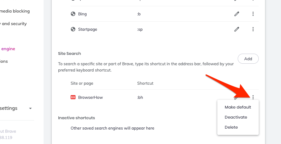 Make site search custom engine as default in Brave browser