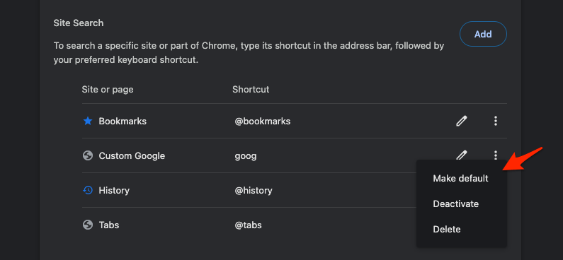 Make site search engine as default in Chrome app