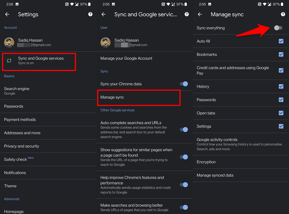 Manage what you sync in chrome android