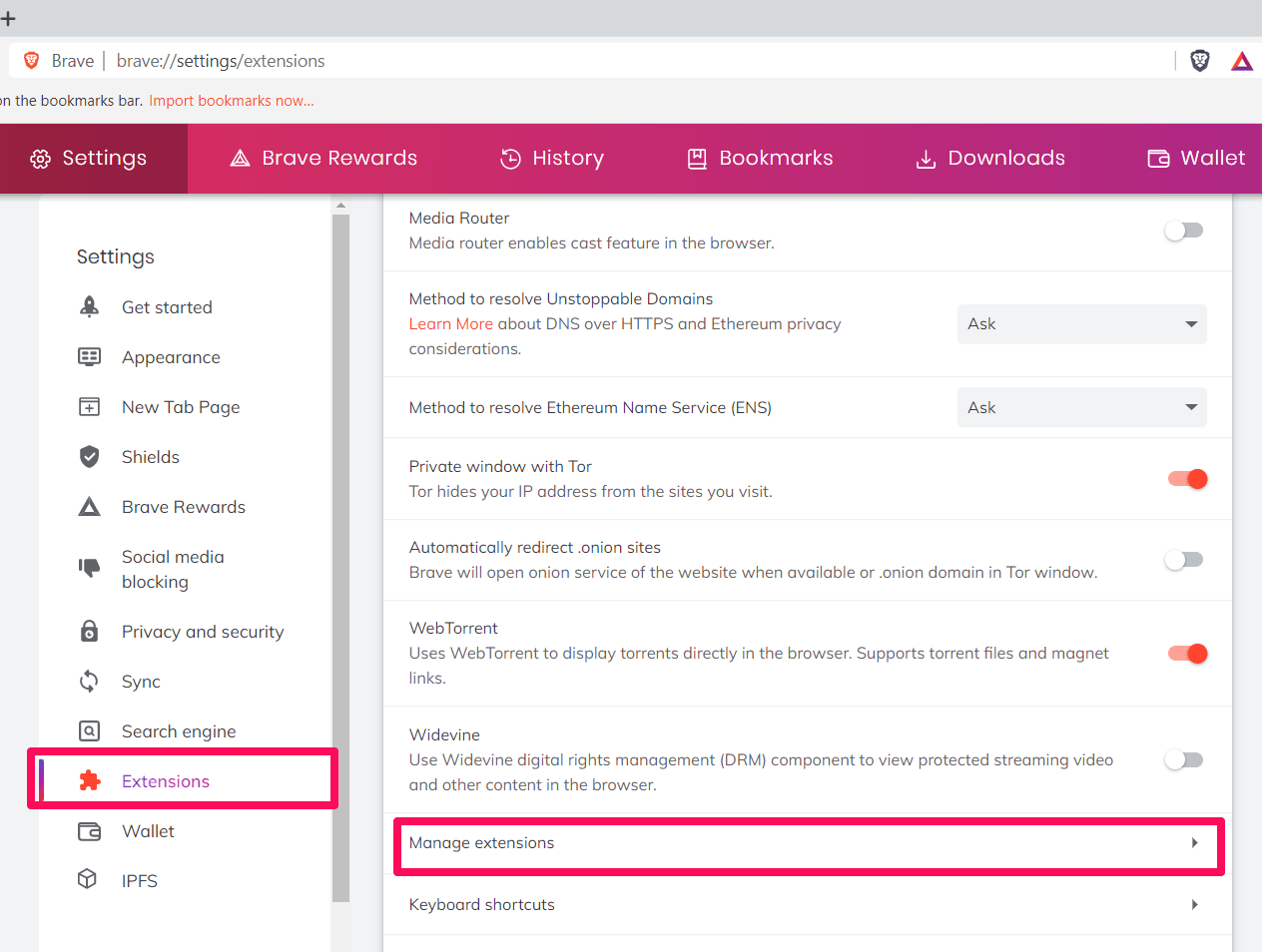 Manage Extensions tab in Brave browser