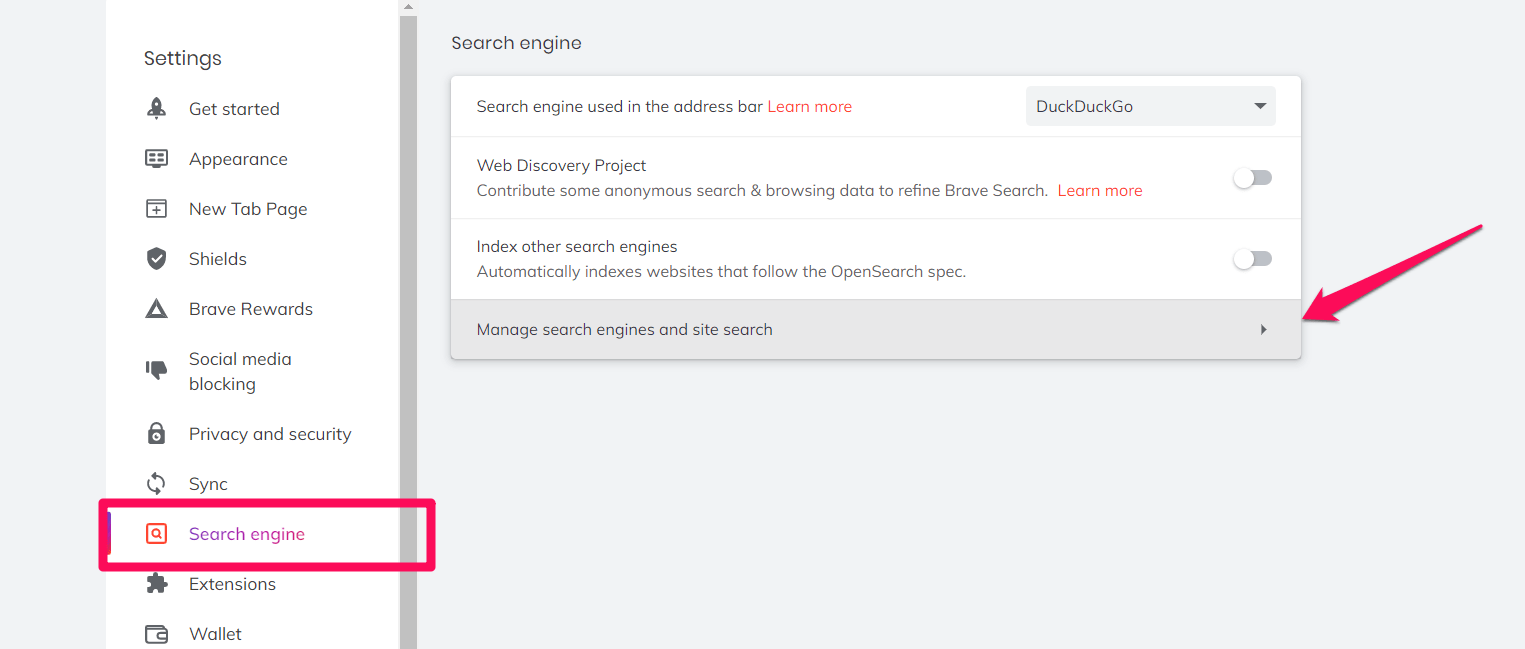 Manage search engine and site search on Brave computer