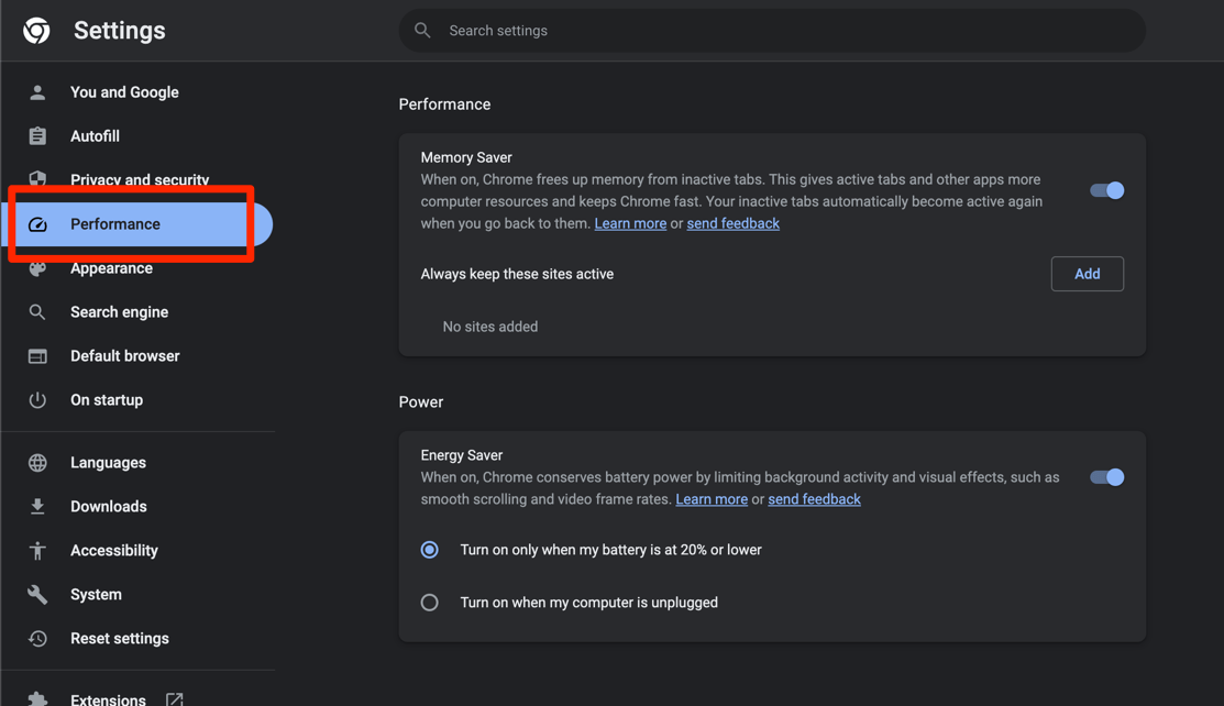 Memory Saver and Energy Saver option in Chrome Performance tab
