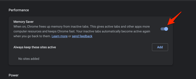 Memory Saver Chrome Performance Toggle button