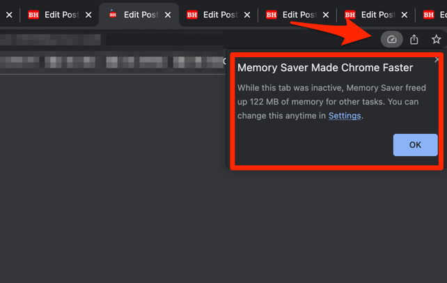 Memory Saver Made Chrome Faster pop-up on Chrome Computer