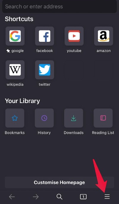 Menu bar in Firefox for iOS