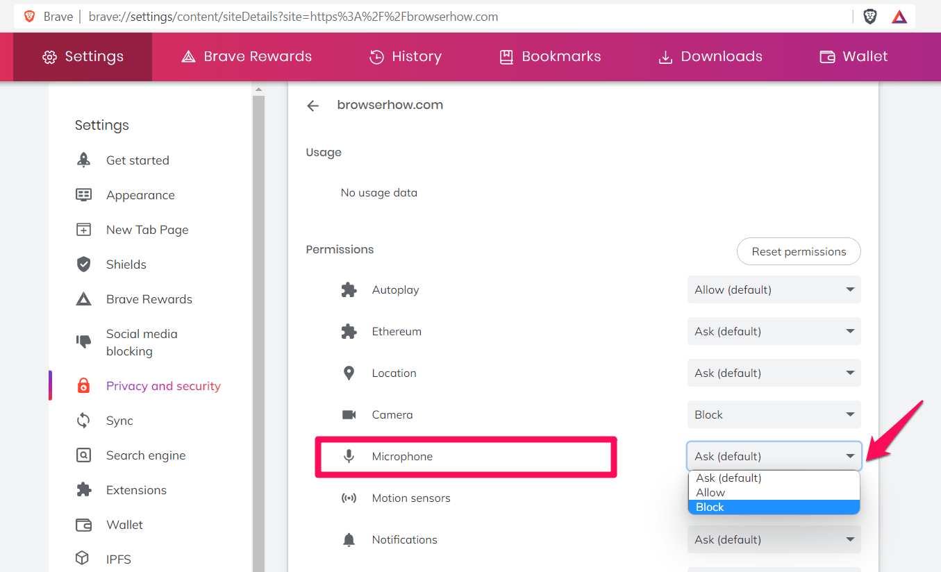 Microphone access permission for Site Settings on Brave browser