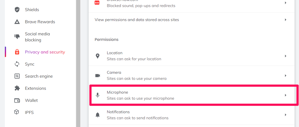Microphone Permission tab on Brave browser