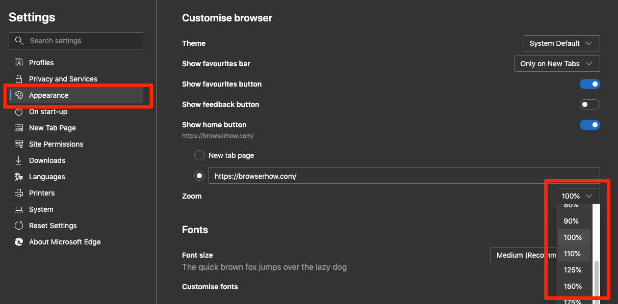 Microsoft Edge Appearance Settings Force Zooming