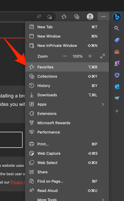 Microsoft Edge computer Favorites menu