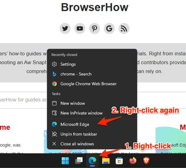 Microsoft Edge options menu from the Windows Taskbar