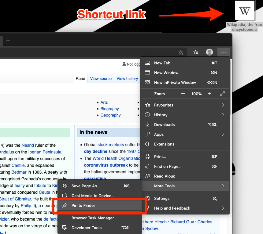 Microsoft Edge Pin to Finder Shortcut link on Mac Computer
