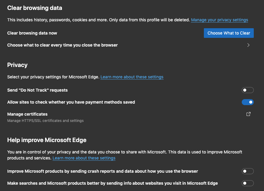 Microsoft Edge Privacy and Data Tracking Settings