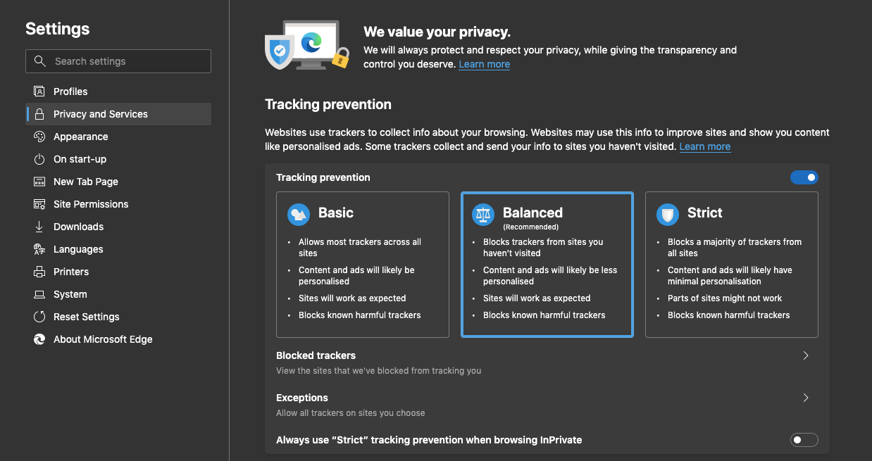 Microsoft Edge Privacy Settings for Windows