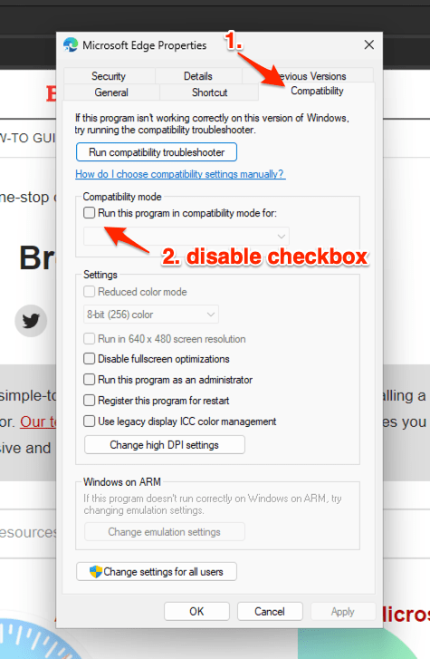 Microsoft Edge Properties with Compatibility tab and Disabled Compatibility Mode