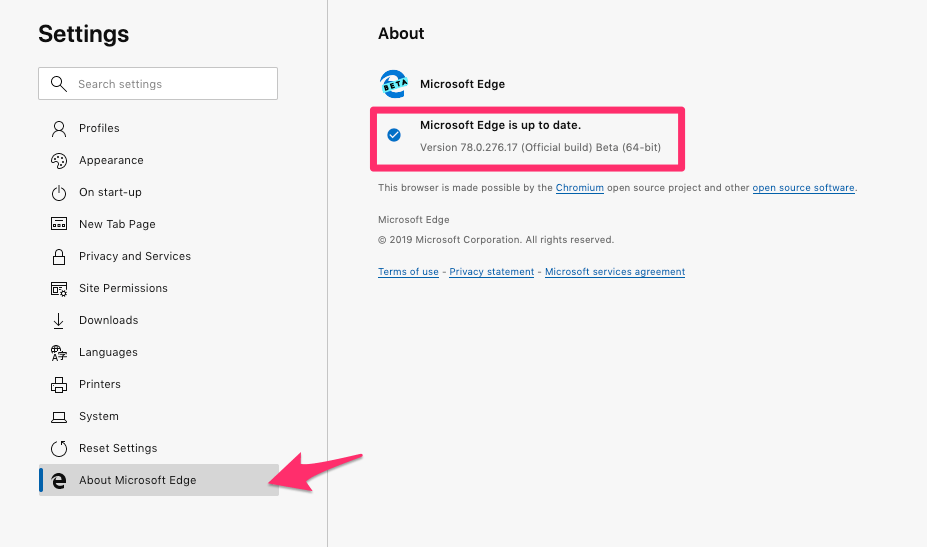 Update Microsoft Edge up to date Version number