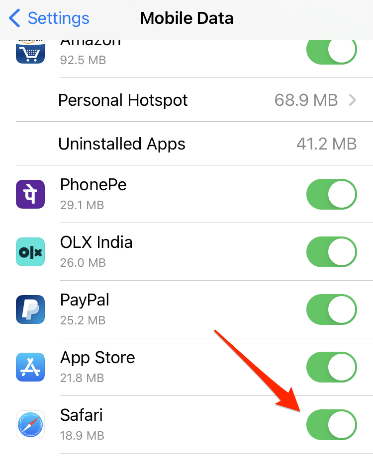 Mobile Data Connection Enabled for Safari browser