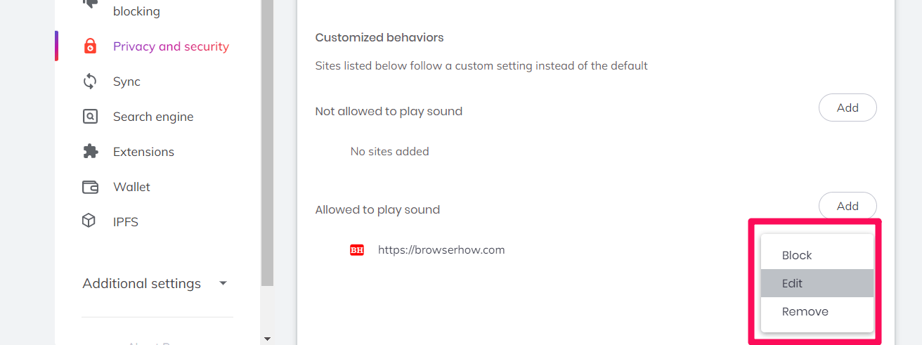 More options menu in Sound Settings on Brave browser