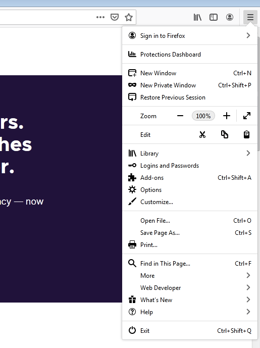 Mozilla Firefox Menu Options