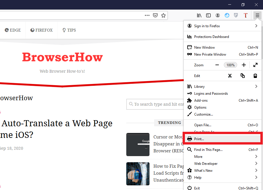 Mozilla Firefox Print option menu