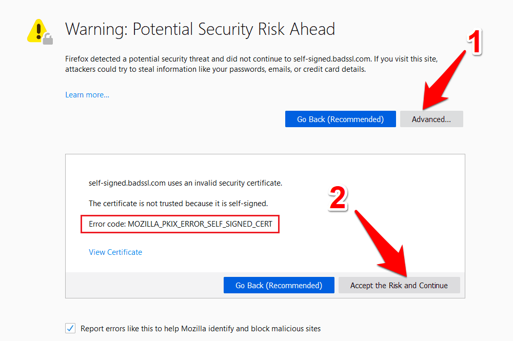 Mozilla Firefox Proceed with Unsecured Site with SSL