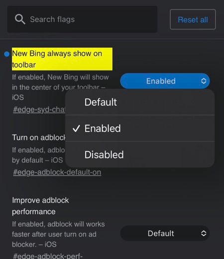 New Bing Always show on toolbar flag in Edge iPhone