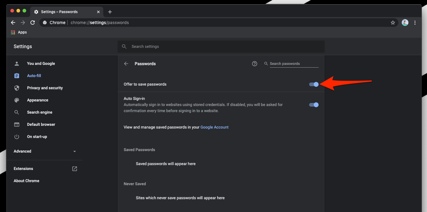 Offer to save passwords in Chrome Computer