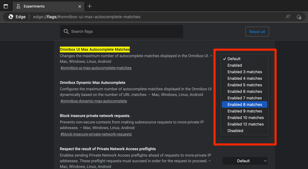 Omnibox UI Max Autocomplete Matches Edge Flag