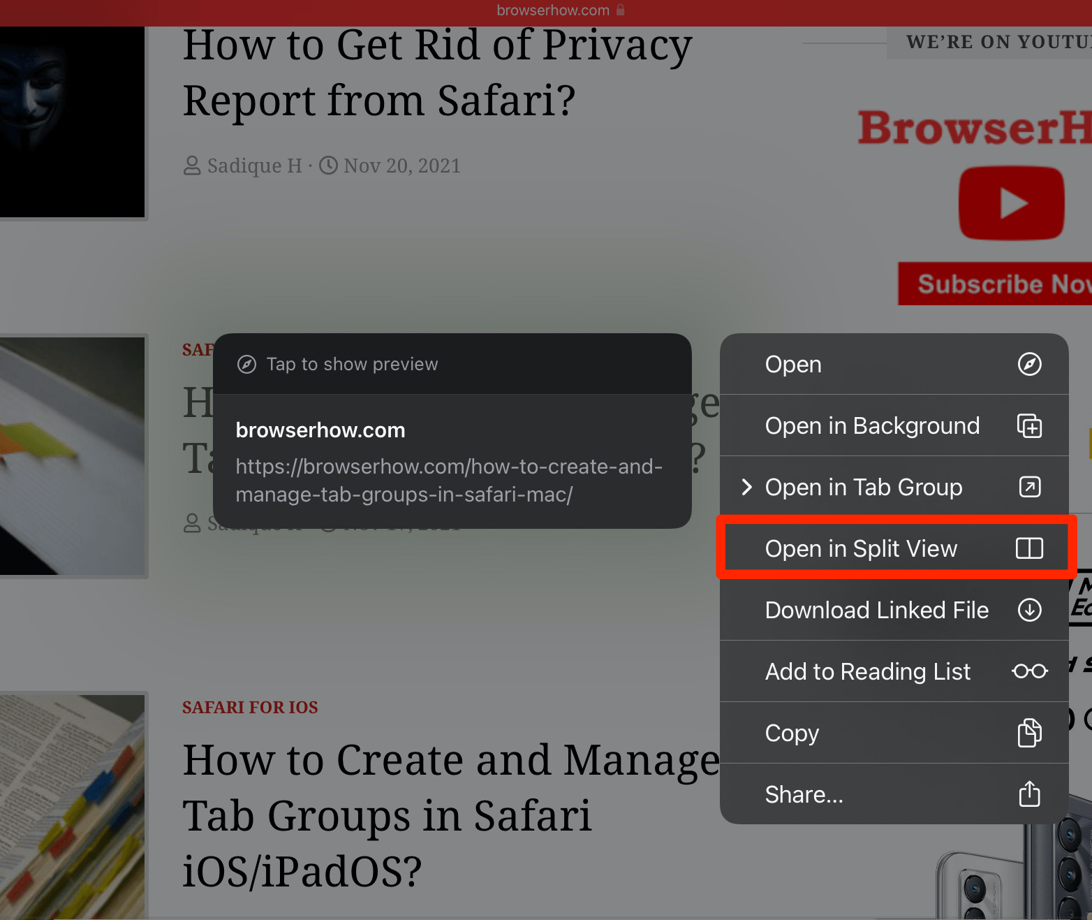 Open in Split View option within Safari on Link Highlight