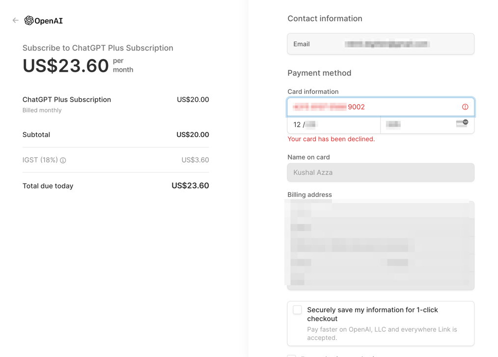 OpenAI ChatGPT Plus Subscription Card has been declined