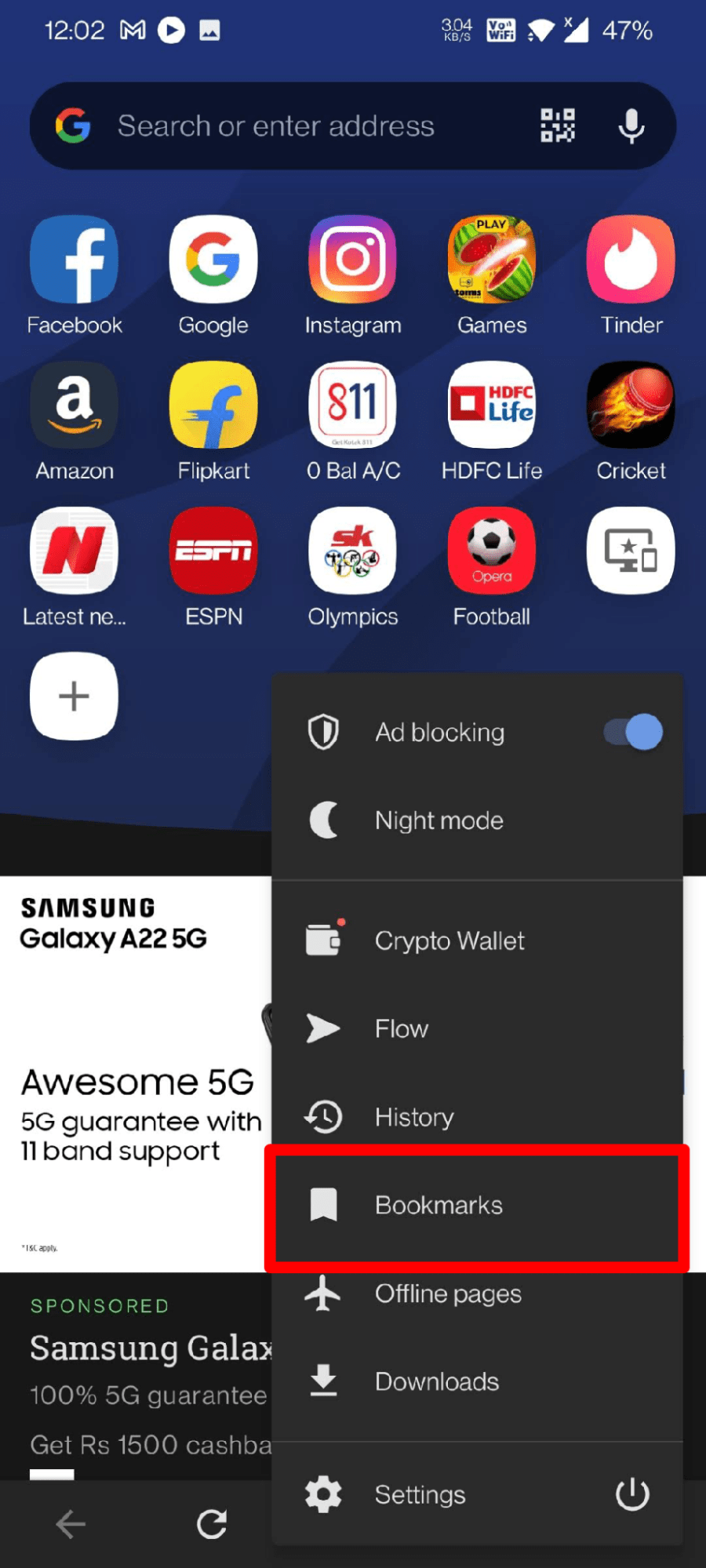 Opera Mobile browser Bookmarks menu