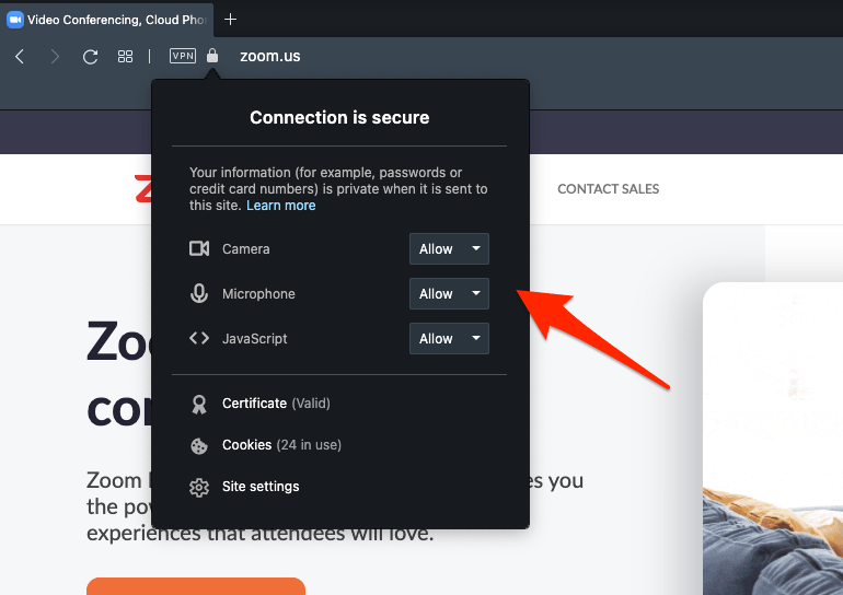 Opera Browser Camera and Microphone permissions settings for Zoom.US