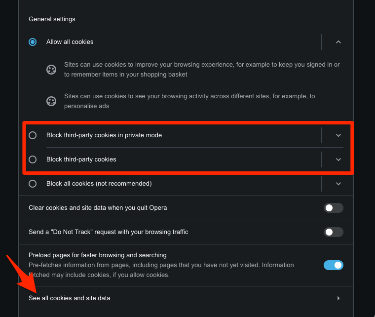 Opera Browser Cookies settings options and site data