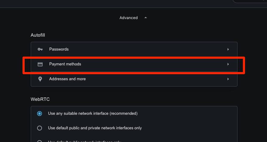 Opera Browser Payment methods Settings