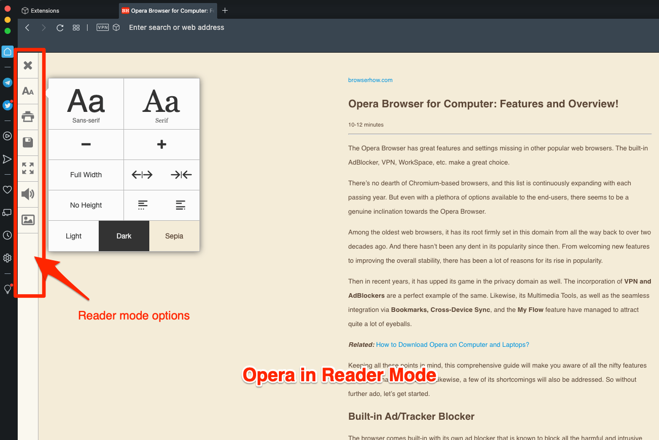 Opera Computer Browser Reader Mode options and Settings