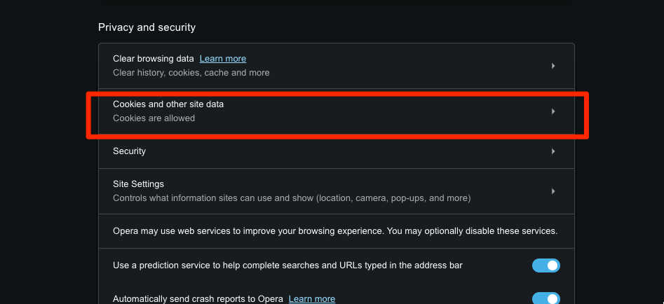 Opera cookies and other site data settings tab