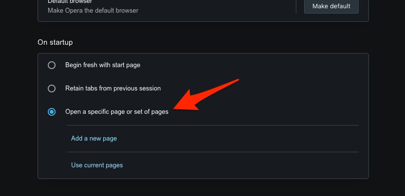 Opera On Startup Settings to Open a specific page or set of pages