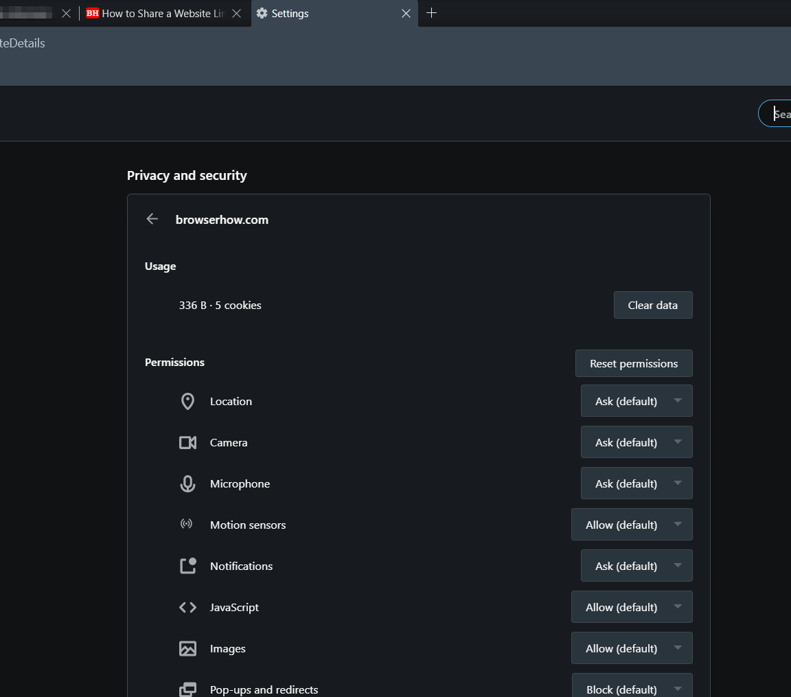 Opera Site Setting options for a Website