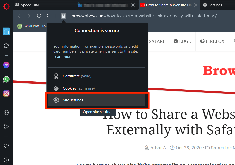 Opera Site settings menu under URL bar