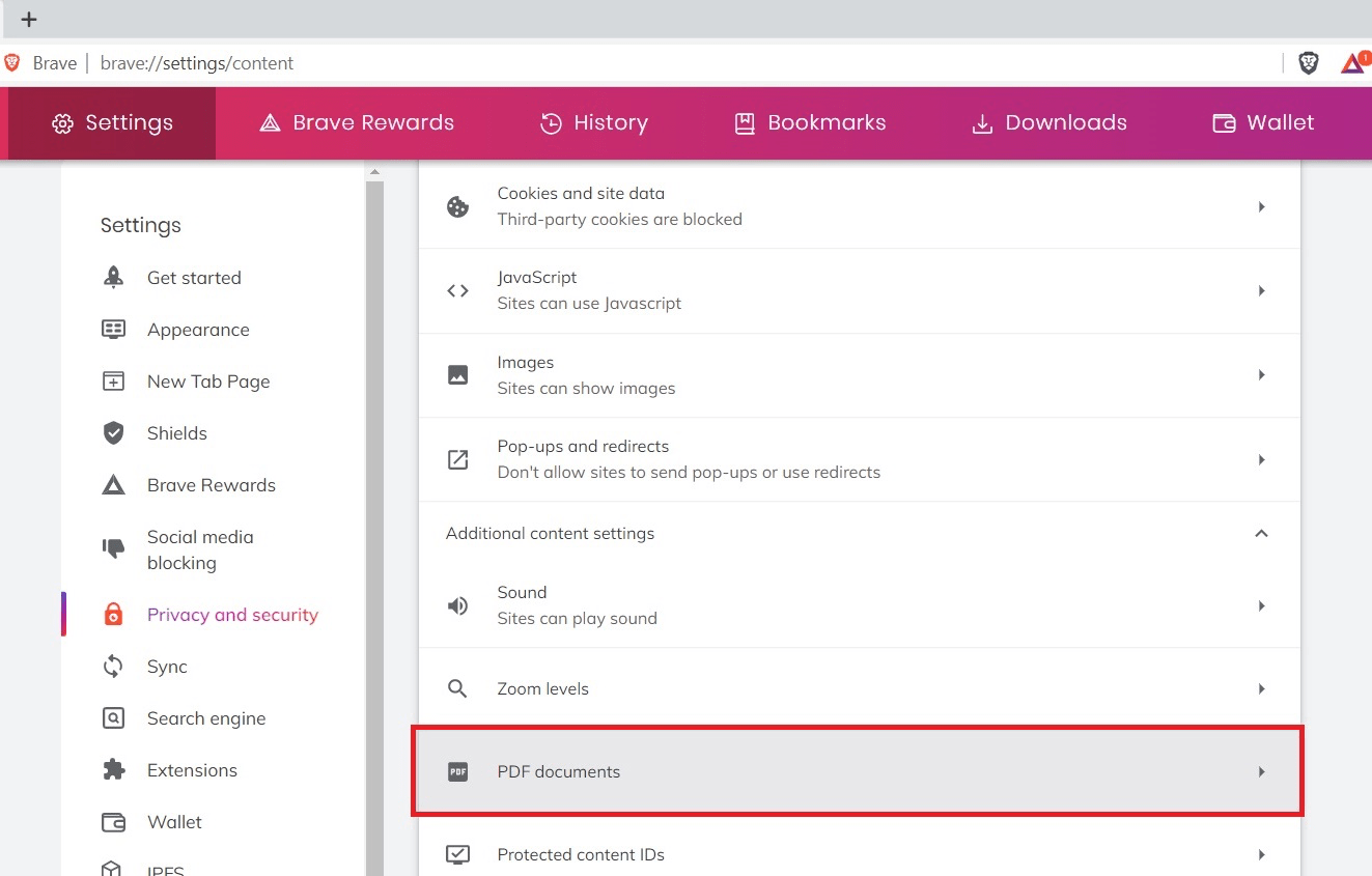 PDF Documents menu in Brave computer