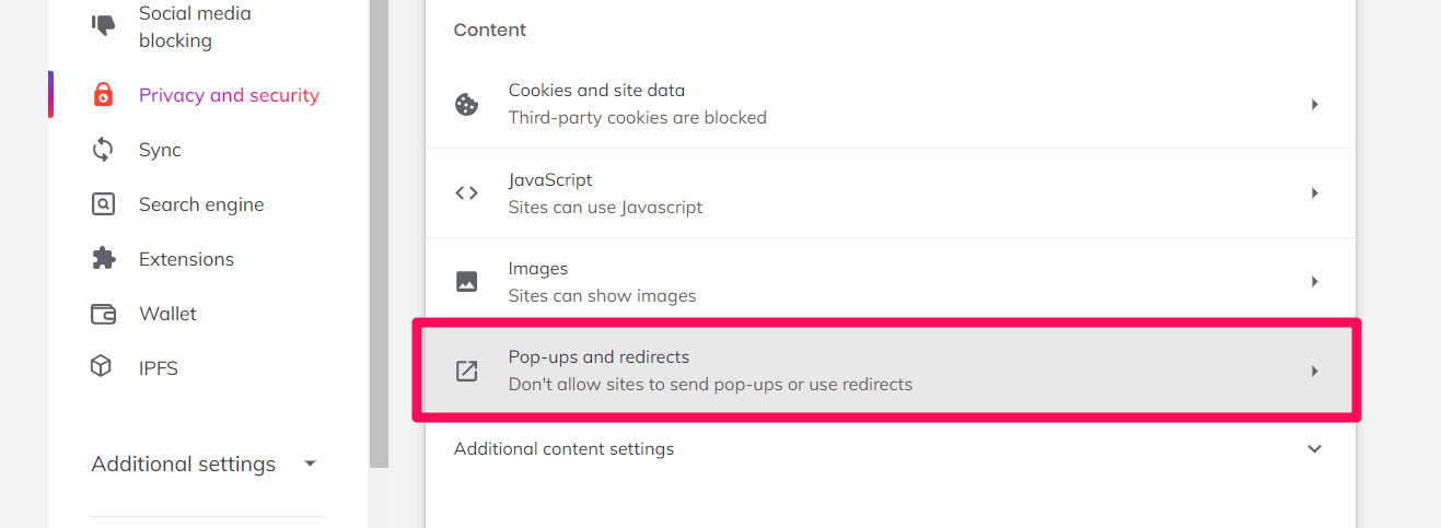 Pop-ups and Redirect tab under Privacy and Security settings on Brave computer