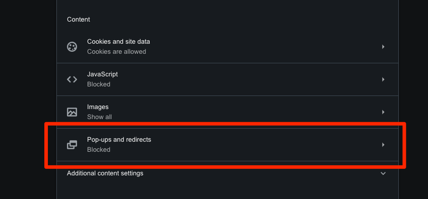 Pop-ups and redirects menu in Opera Site Settings