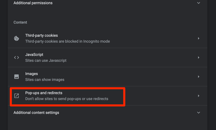 Pop-ups and redirects settings in Chrome browser