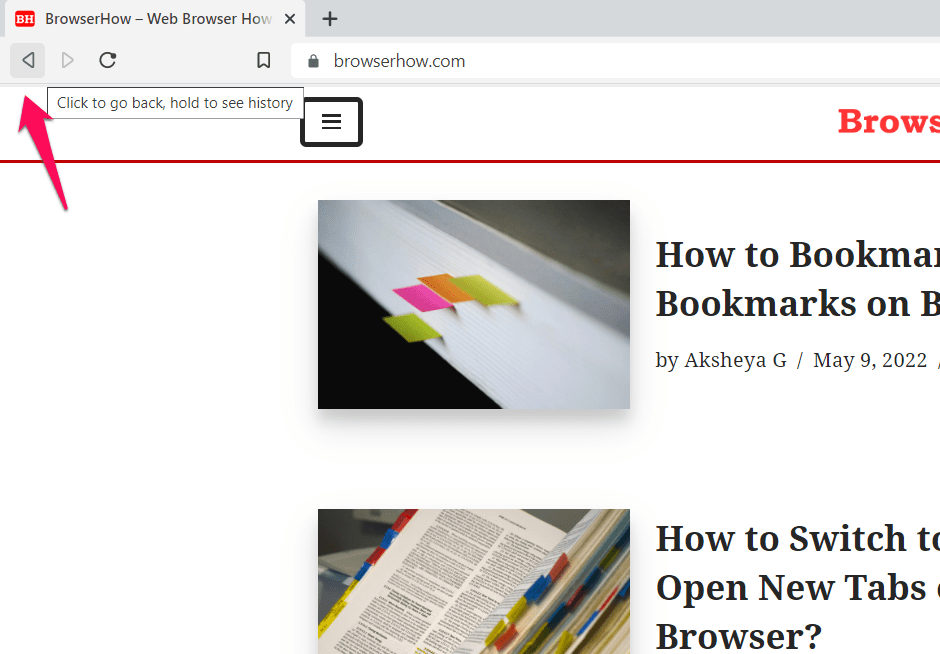 Previous or Backward Navigation command button on Brave Browser