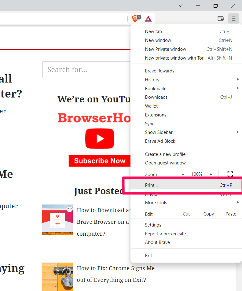 Print option under More menu in Brave Browser on Computer