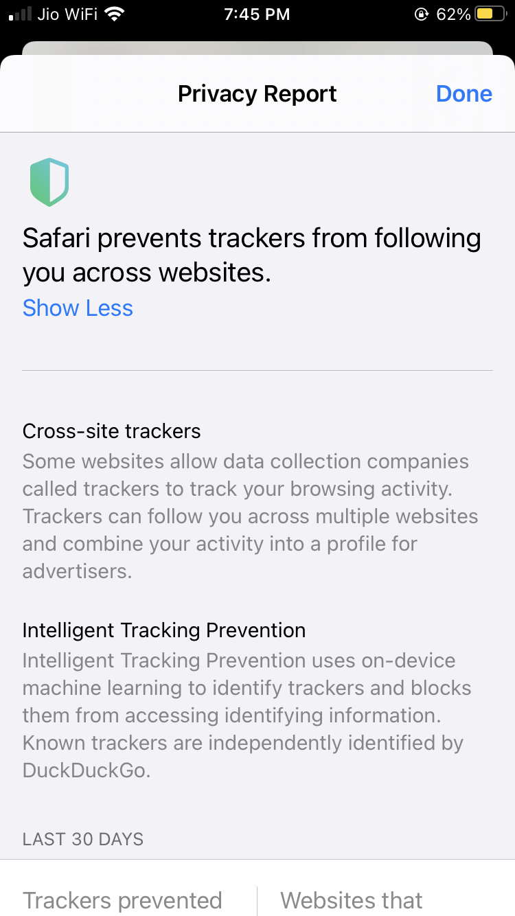 Privacy Report Trackers options