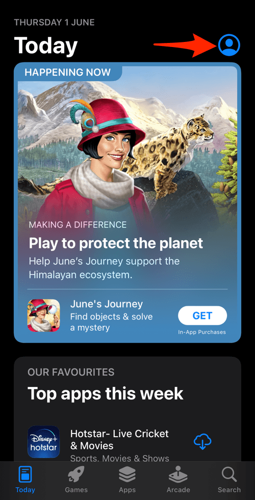 Profile icon menu in App Store on iPhone