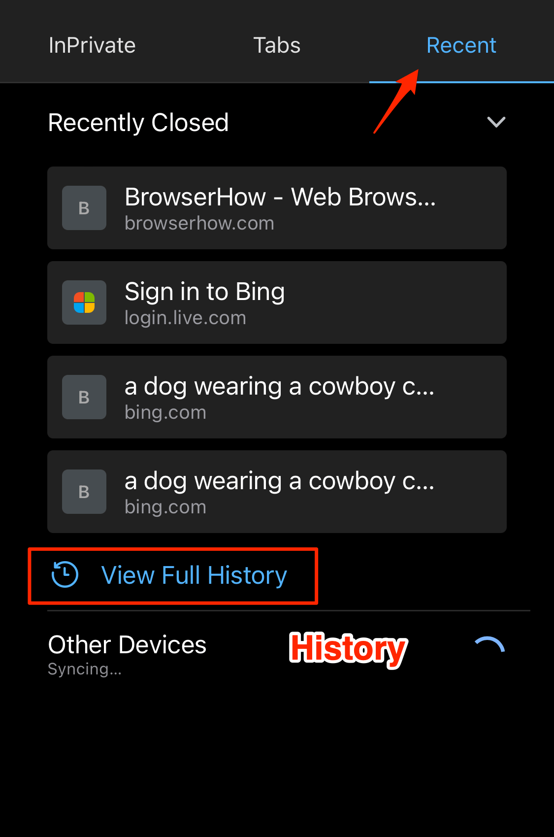 Recent tab with Recently Closed under Tabs menu in Edge app on iPhone