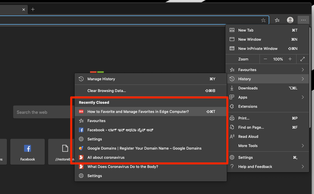 Recently Closed Tab under History Tab in Edge Computer