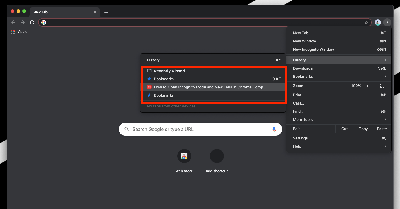 Recently Closed Tabs under History in Chrome Computer