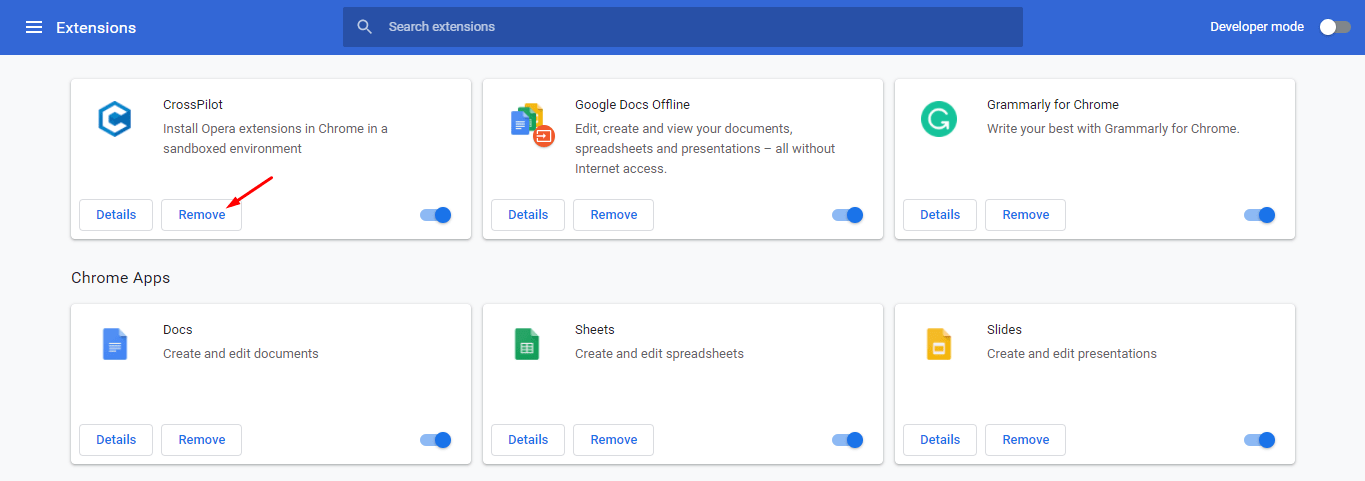 Remove Extension command button on Chrome Browser